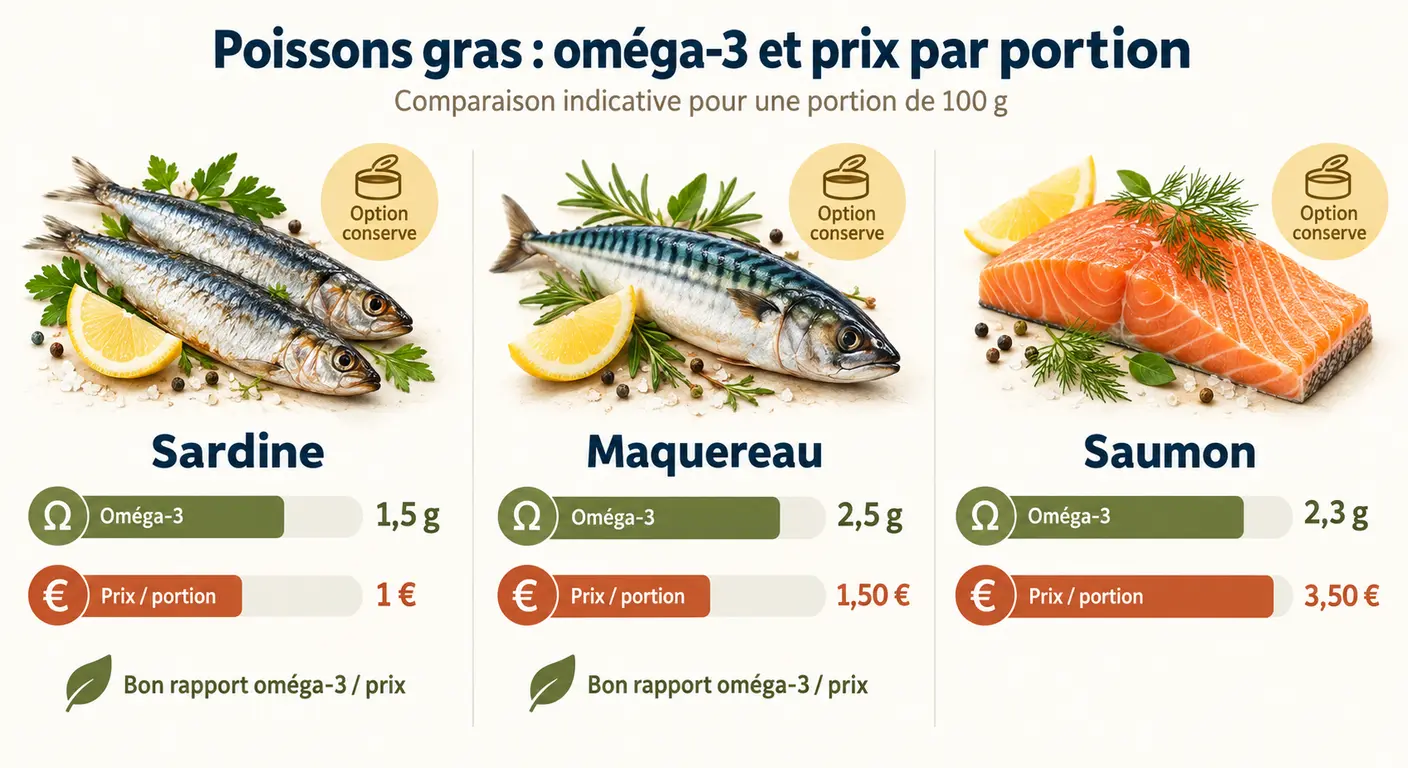 Classement des poissons gras selon leur teneur en oméga-3 et leur prix par portion