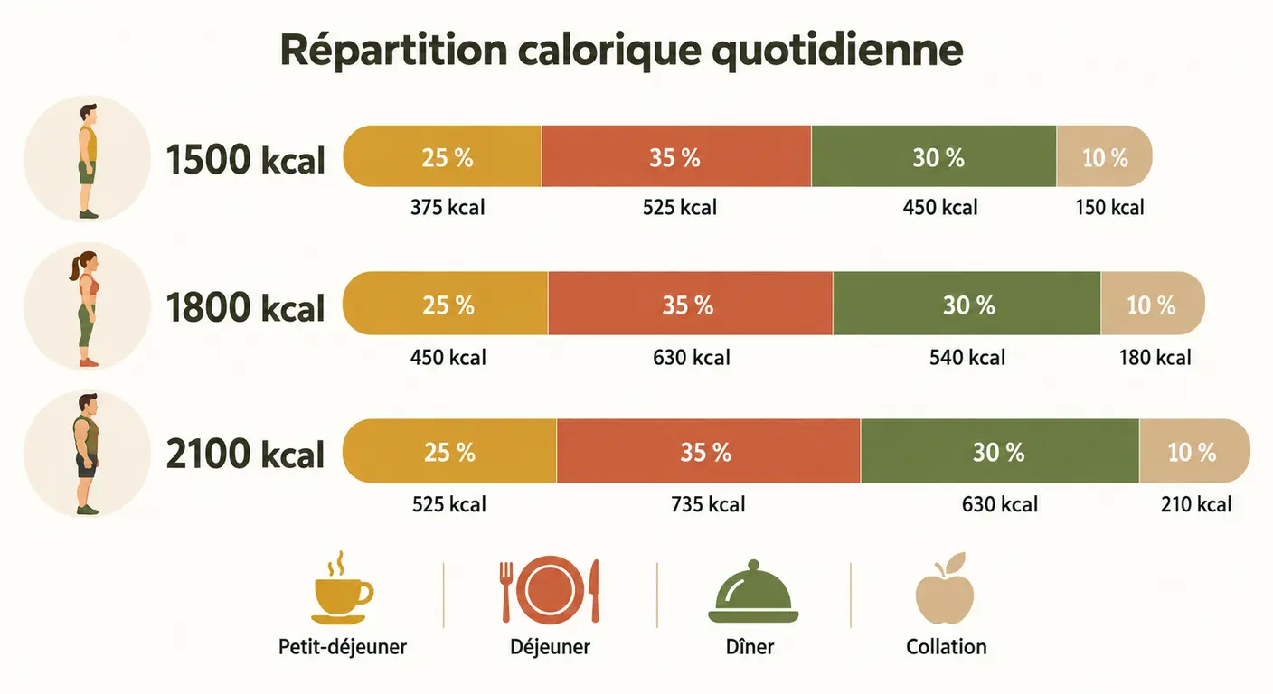 Répartition des calories par repas pour les trois paliers d'un programme méditerranéen minceur