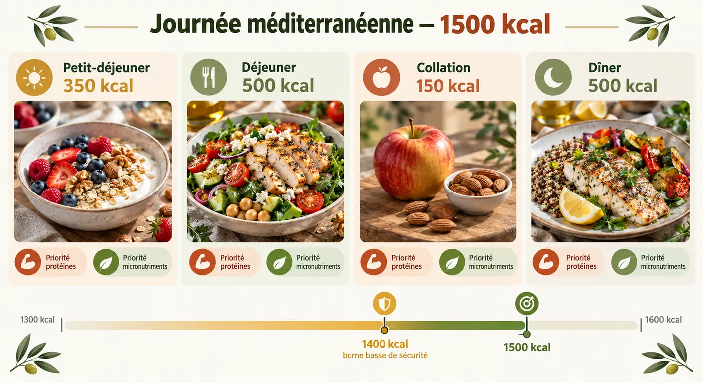 Journée type à 1 500 kcal avec priorités protéiques et borne basse de sécurité