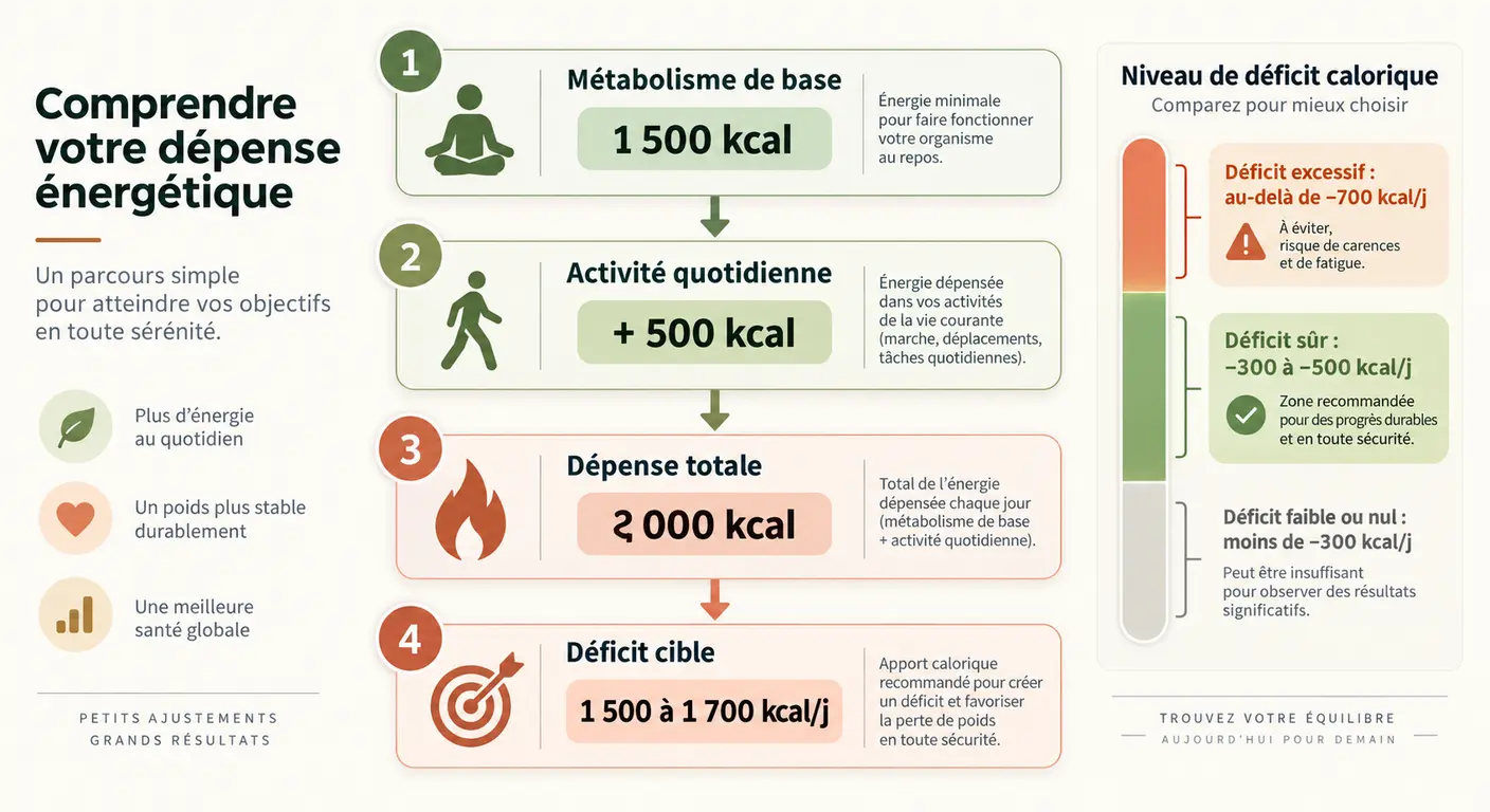 Schéma en quatre étapes du calcul du déficit calorique quotidien