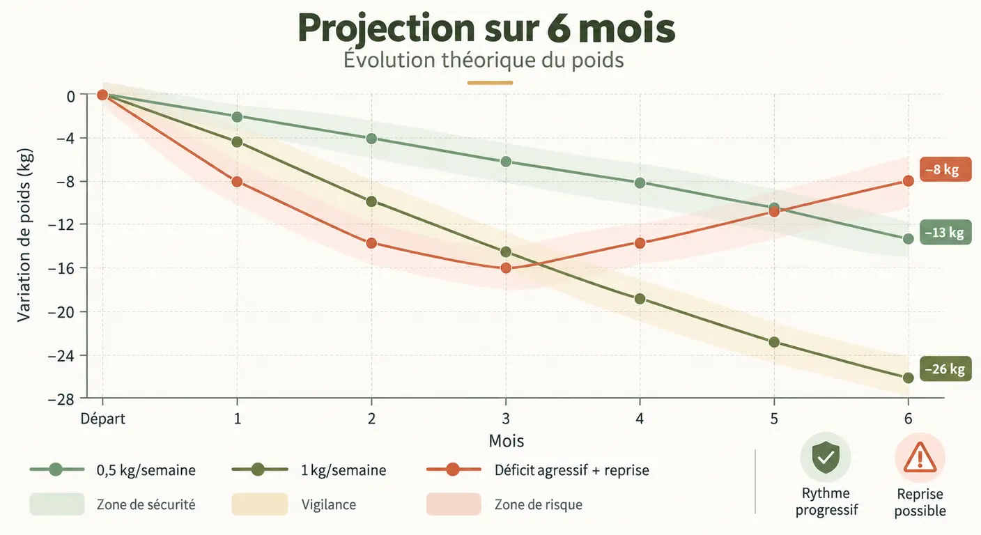 Projection sur six mois de trois rythmes de perte de poids sans sport