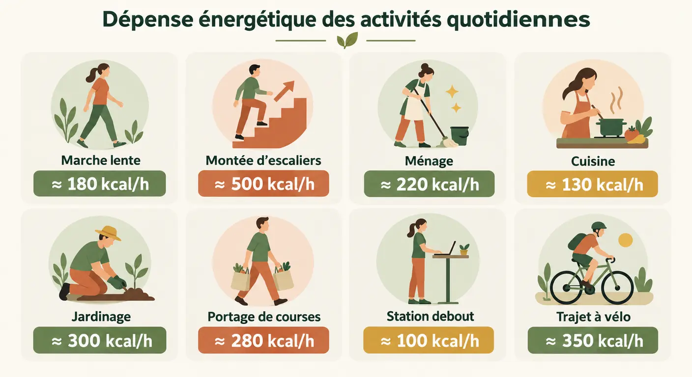 Huit activités quotidiennes non sportives et leur dépense énergétique estimée