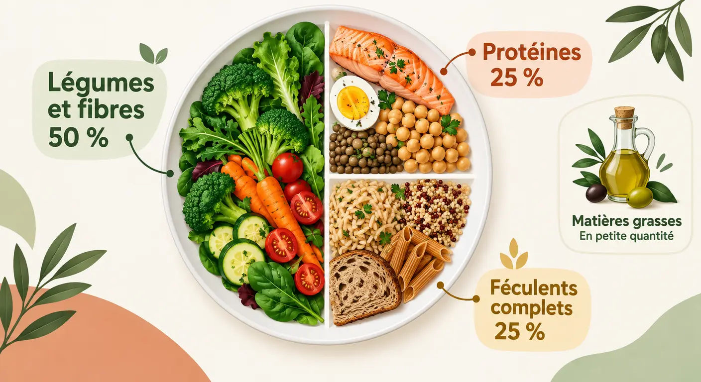 Assiette rassasiante répartie entre légumes, protéines et féculents complets