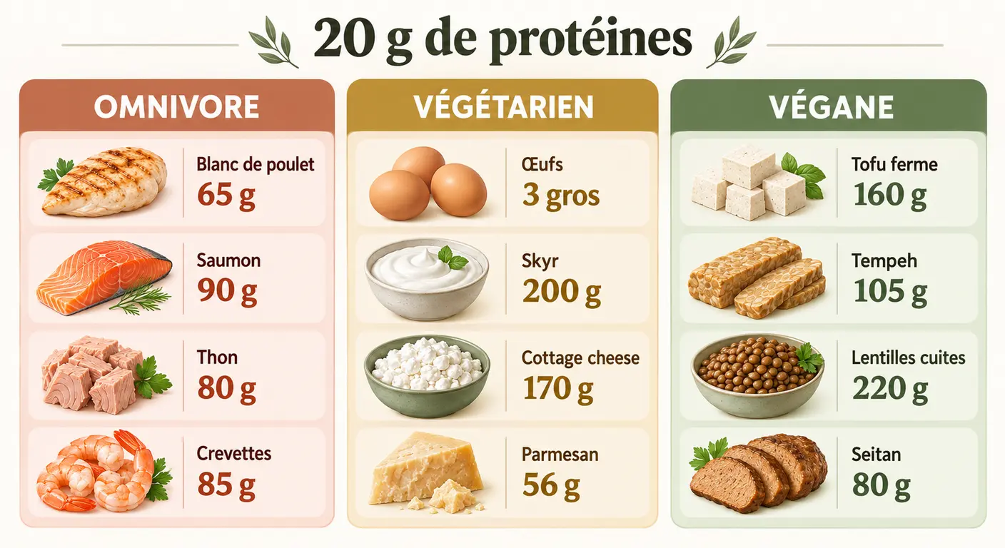 Portions d'aliments omnivores, végétariens et véganes apportant 20 g de protéines