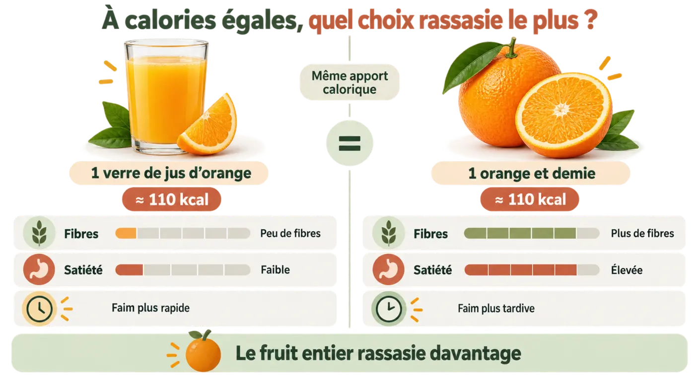 Comparaison de la satiété entre un jus d'orange et une orange entière à calories égales