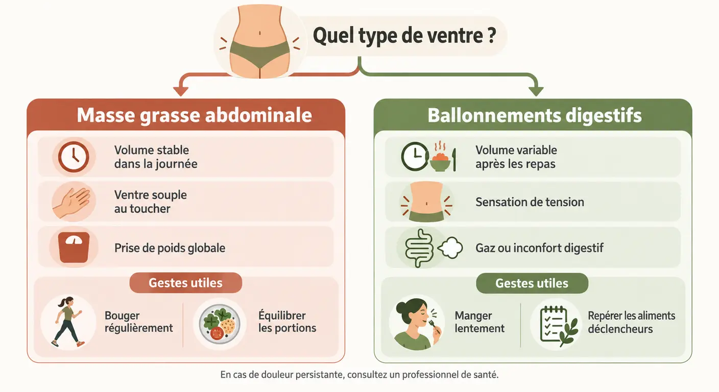 Arbre de décision distinguant masse grasse abdominale et ballonnements digestifs