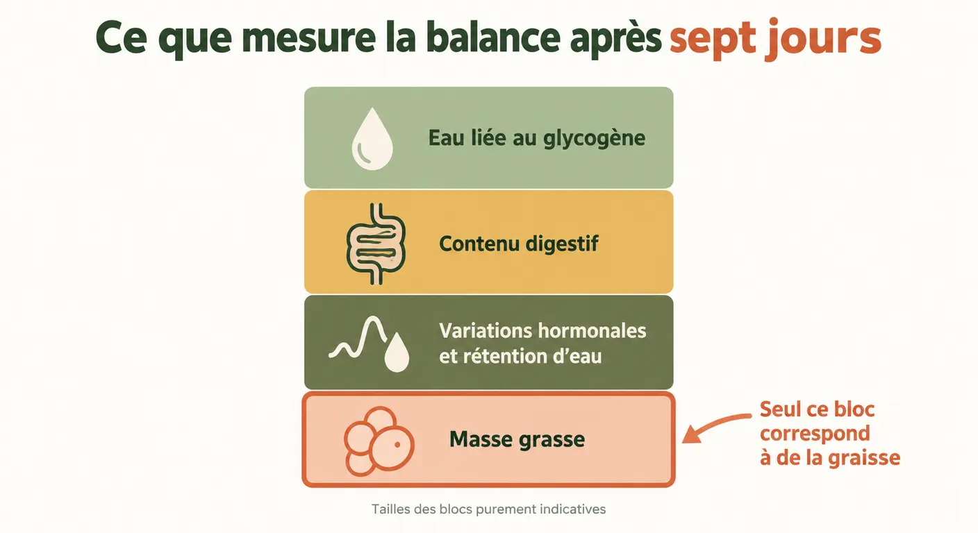 Décomposition de la perte de poids après une semaine entre eau, contenu digestif et masse grasse