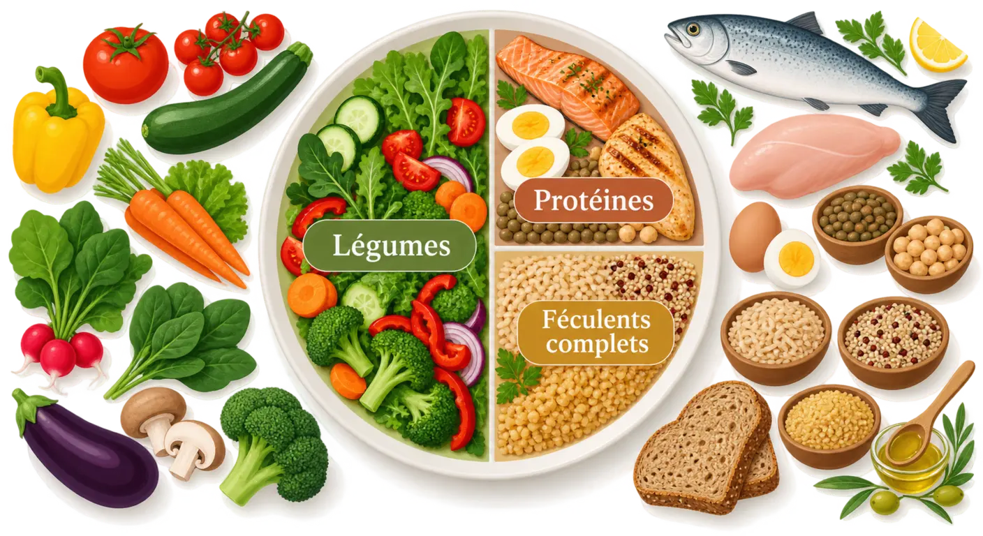 Assiette divisée en moitié légumes, quart protéines et quart féculents complets avec portions en grammes