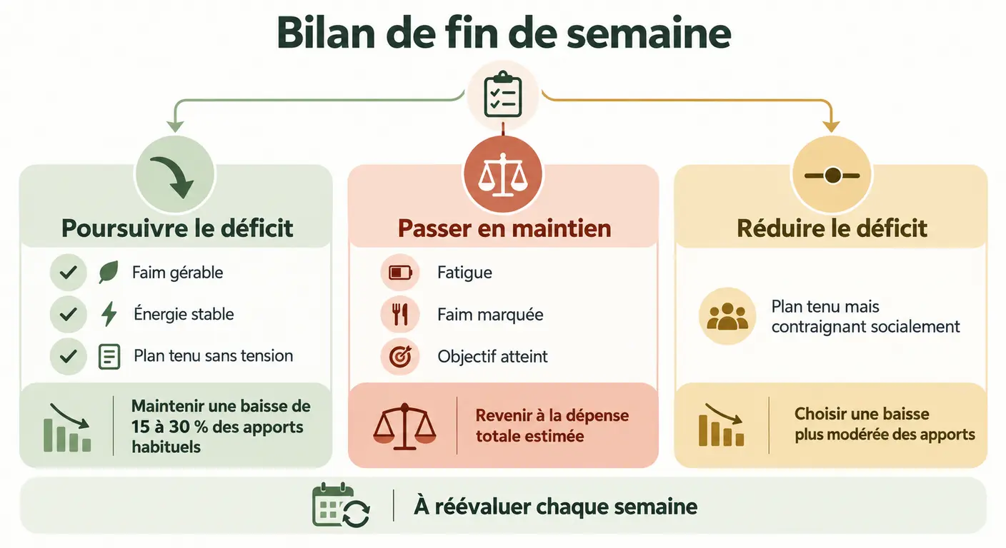 Trois scénarios de sortie de semaine avec leurs critères de décision et ajustements caloriques