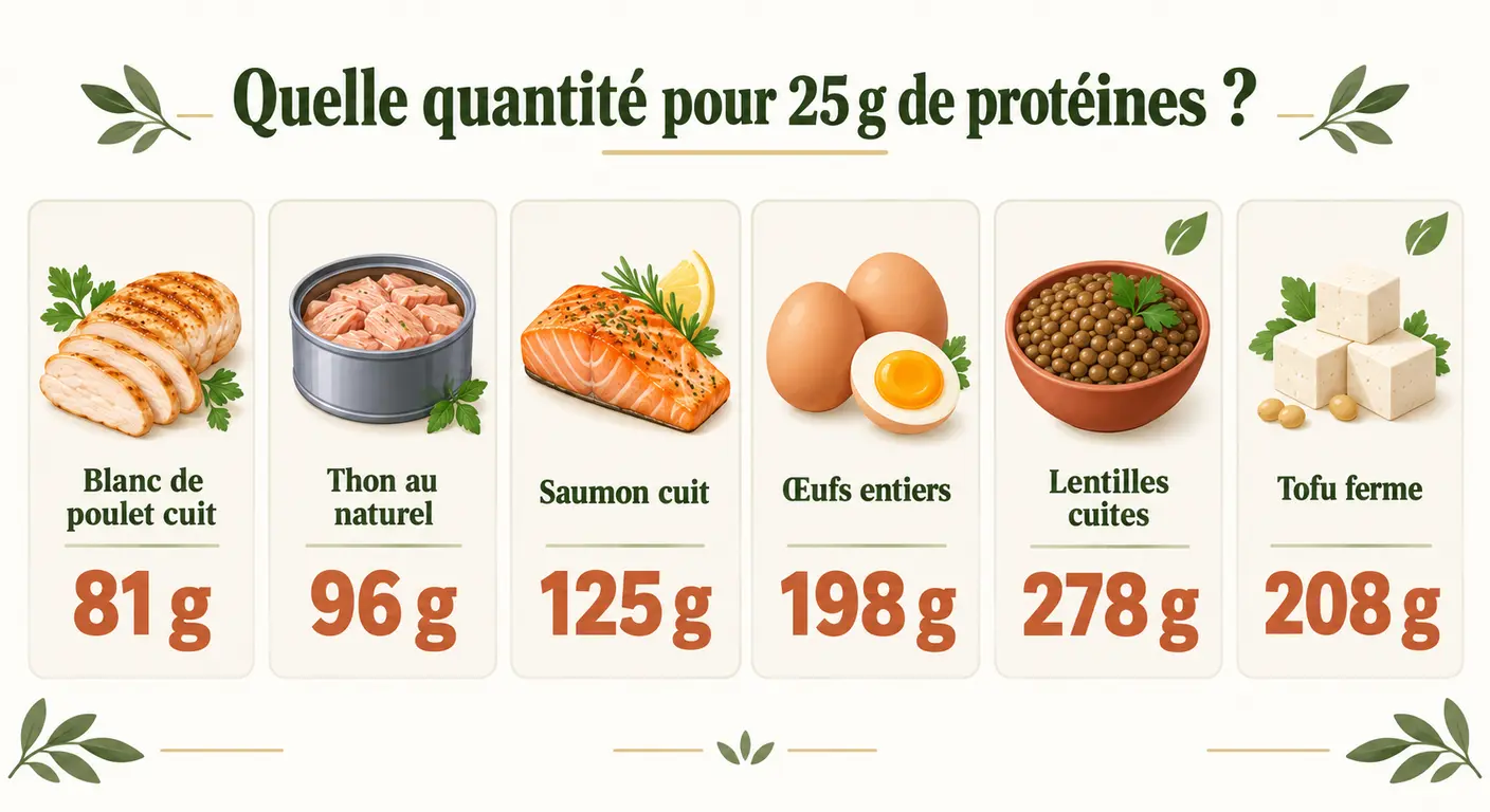 Six aliments et les quantités correspondant à vingt-cinq grammes de protéines