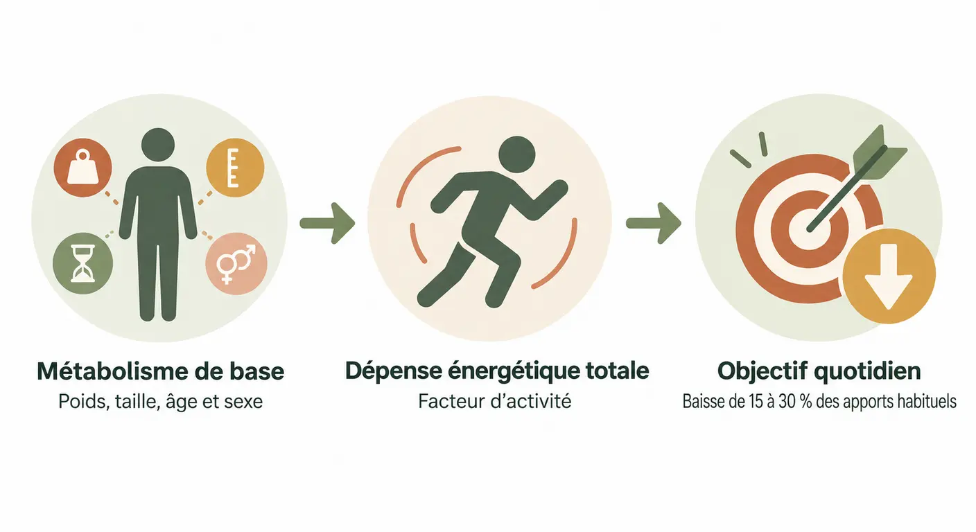 Les trois étapes du calcul du besoin calorique quotidien jusqu'à l'objectif de la semaine