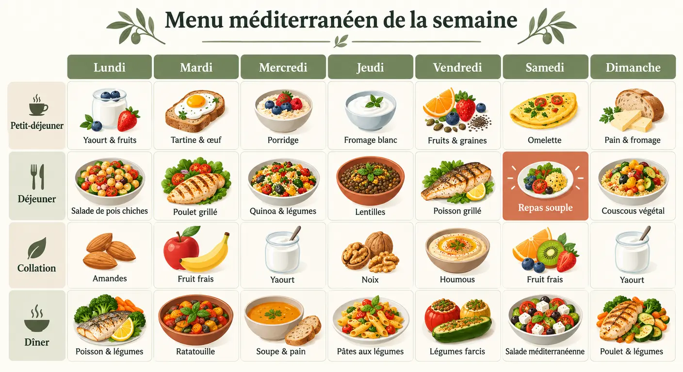 Grille des sept jours de menus avec quatre prises alimentaires par jour