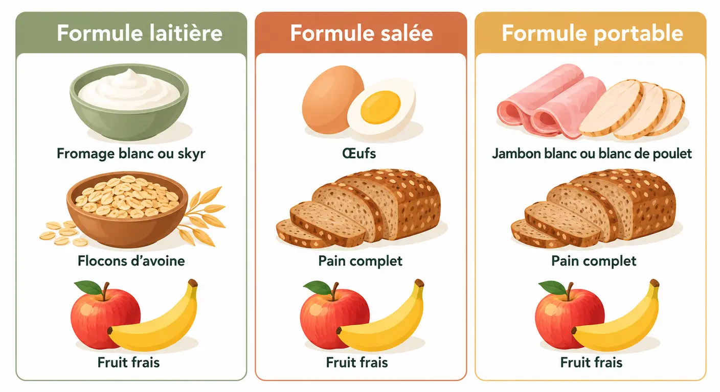 Comparaison de trois petits-déjeuners riches en protéines avec leur total en grammes