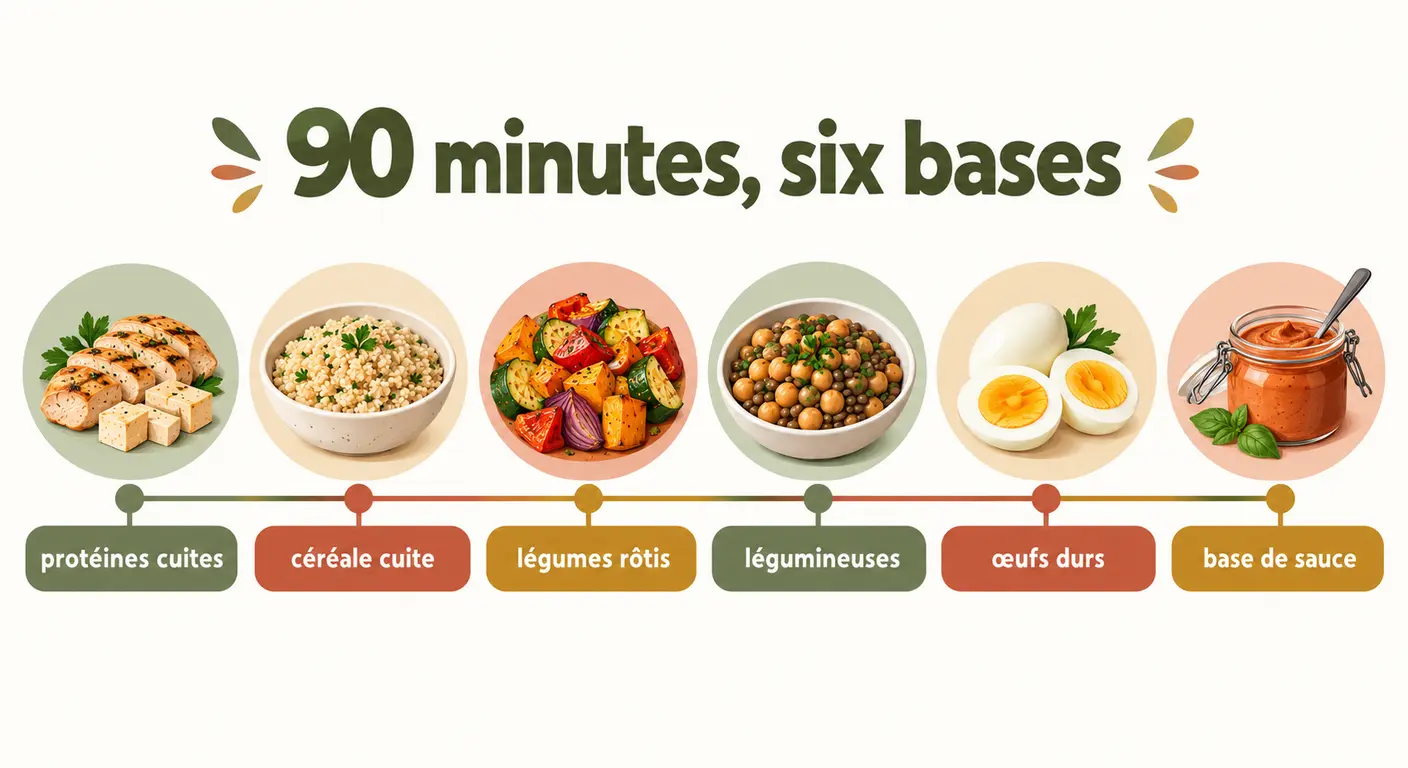 Frise minutée d'une session de batch cooking de quatre-vingt-dix minutes en six préparations