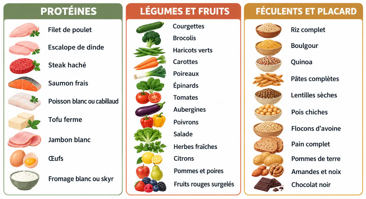 Liste de courses de la semaine organisée en trois rayons avec les quantités
