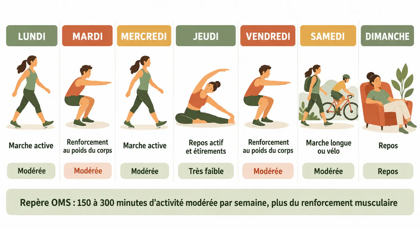 Répartition hebdomadaire de l'activité physique avec durées et intensités par jour