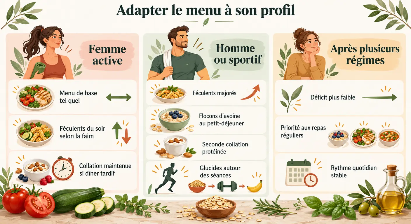 Adaptation du même menu de semaine à trois profils avec besoins caloriques et ajustements de portions