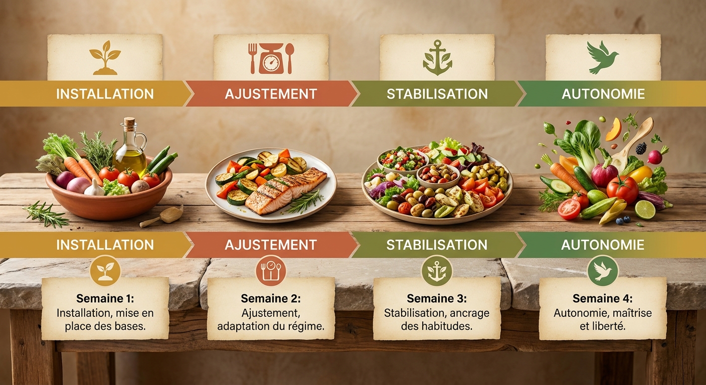 Progression hebdomadaire d'un programme repas perte de poids sur 4 semaines