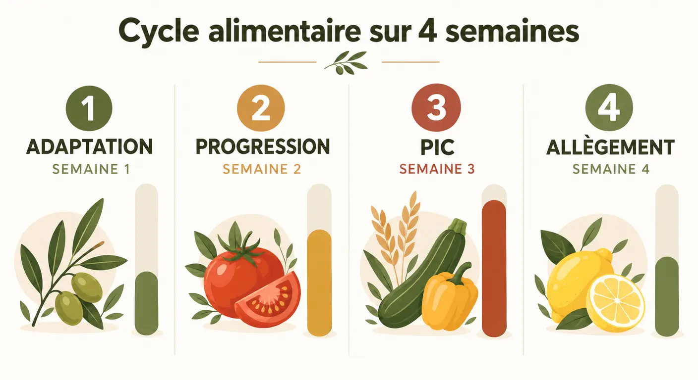 Schéma du cycle alimentaire sportif réparti sur quatre semaines
