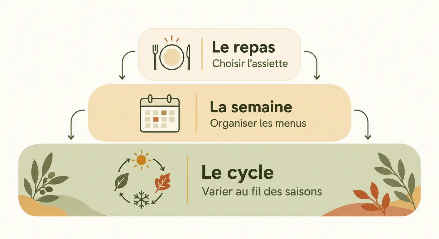Schéma des trois niveaux de planification alimentaire : le repas, la semaine et le cycle