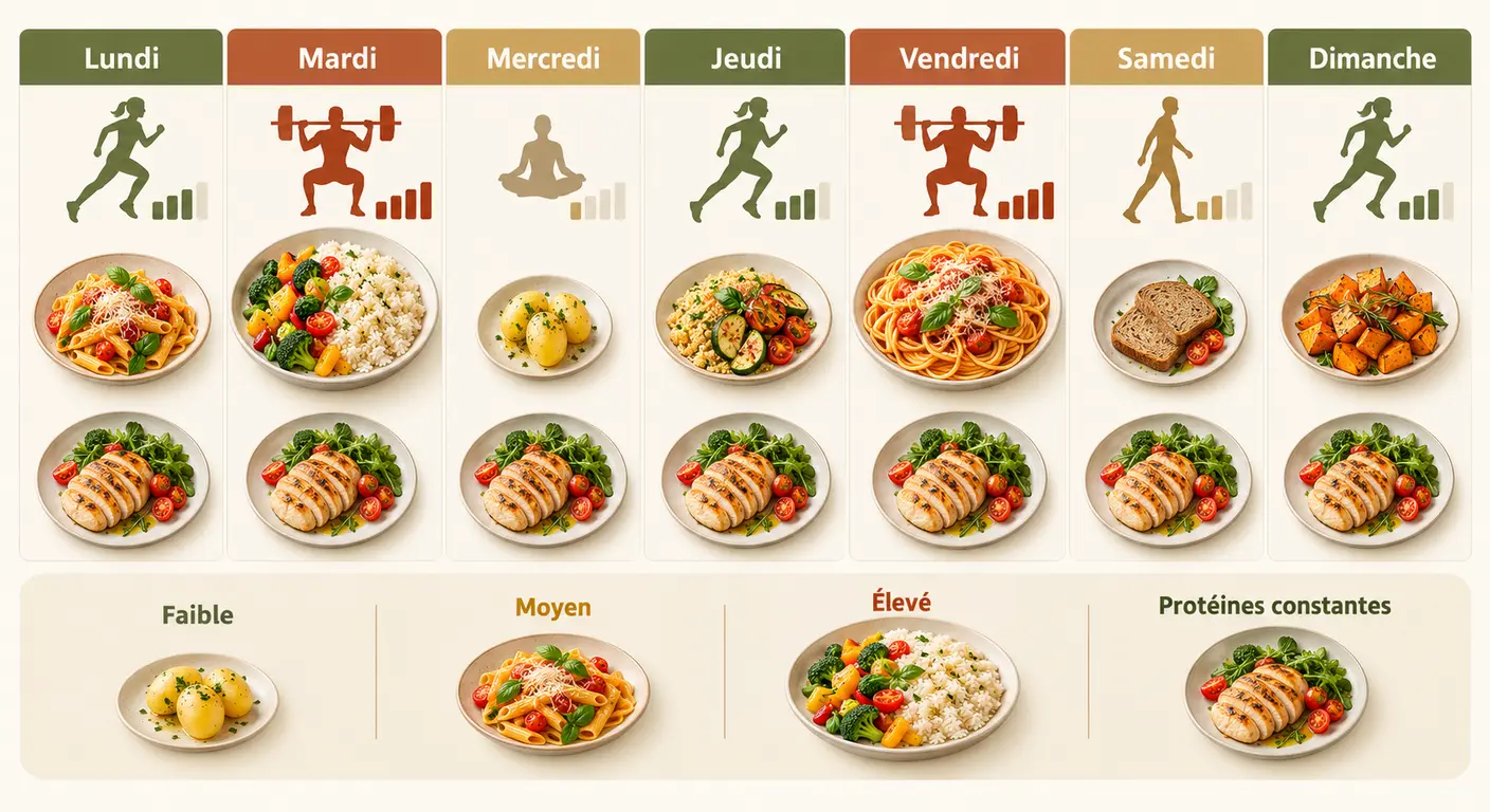 Semaine type montrant les portions de glucides ajustées à l'intensité de chaque séance