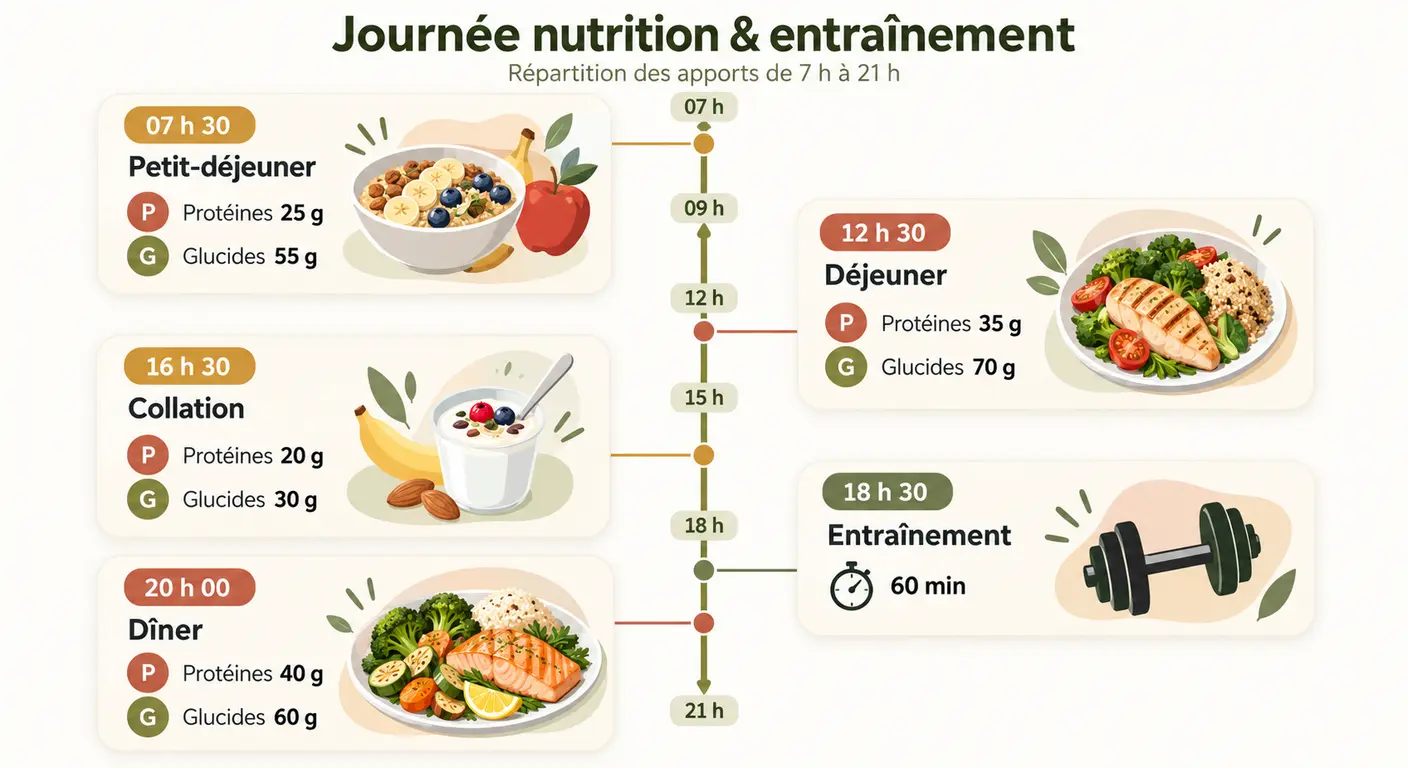 Frise horaire d'une journée type en semaine de charge avec les quatre prises alimentaires