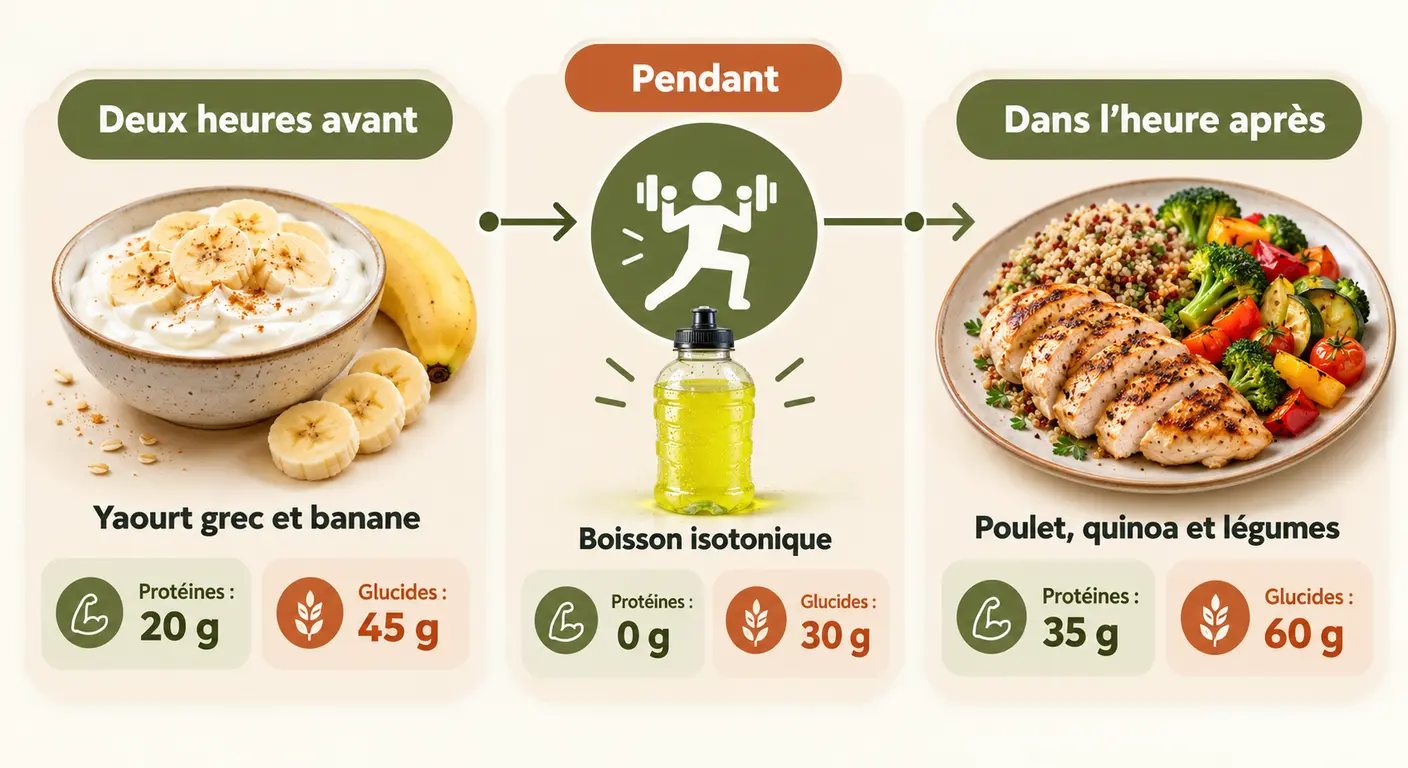 Frise des prises alimentaires avant, pendant et après la séance d'entraînement