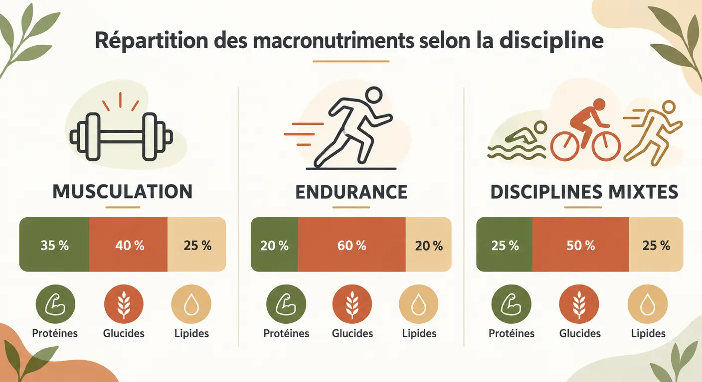 Comparaison des répartitions de macronutriments pour la musculation, l'endurance et les disciplines mixtes