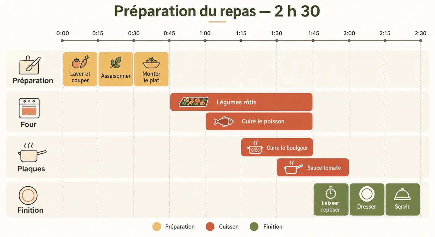 Ligne de temps minutée d'une session de préparation alimentaire de deux heures trente