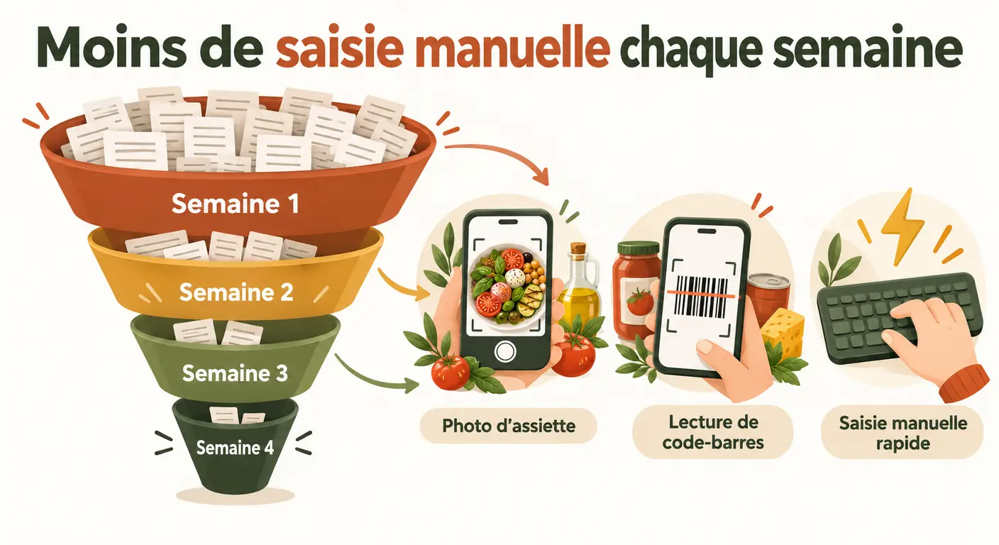 Entonnoir illustrant l'abandon progressif du relevé alimentaire au fil des quatre semaines