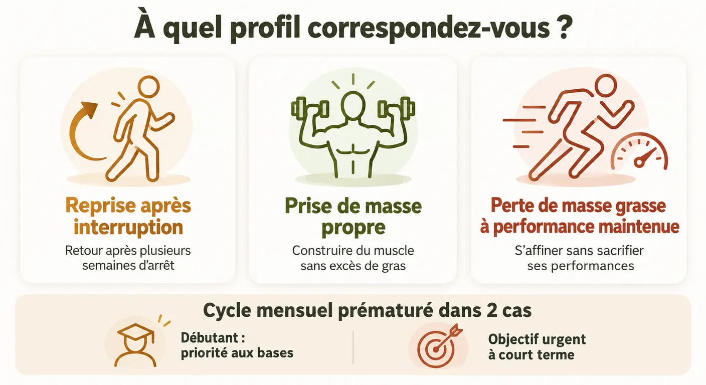 Trois profils de sportifs concernés par un cycle alimentaire de quatre semaines