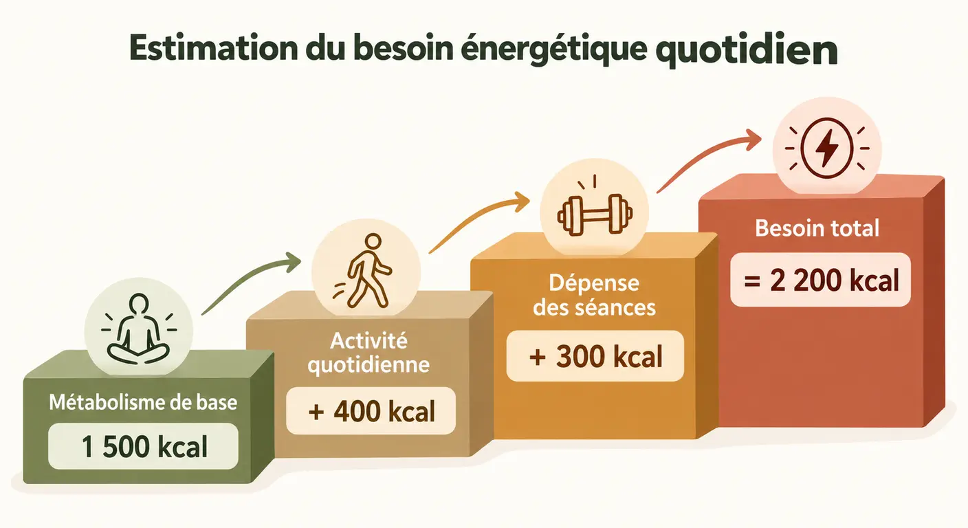 Infographie montrant les quatre niveaux de calcul du besoin énergétique d'un sportif
