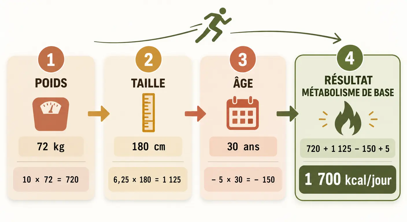 Décomposition en quatre étapes du calcul du métabolisme de base avec Mifflin-St Jeor