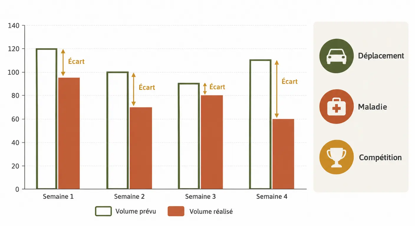 Graphique comparant le volume d'entraînement prévu et le volume réellement réalisé sur quatre semaines