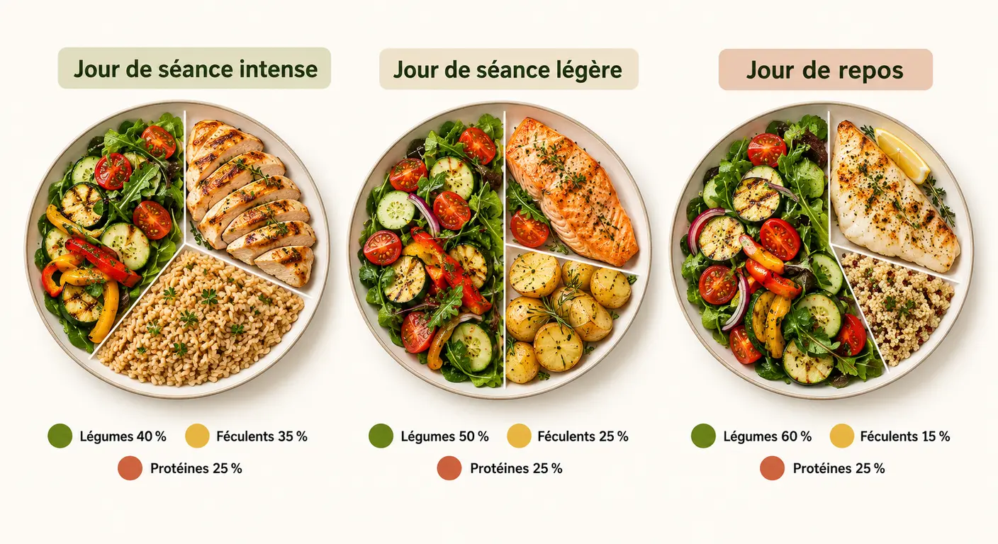 Trois assiettes comparées montrant la modulation des glucides selon l'intensité de la séance