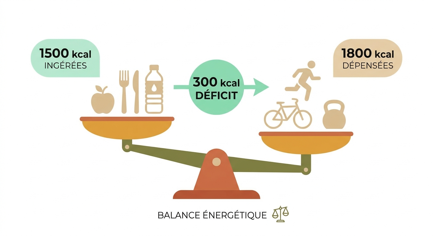 Schema du deficit calorique intelligent entre apports et depenses