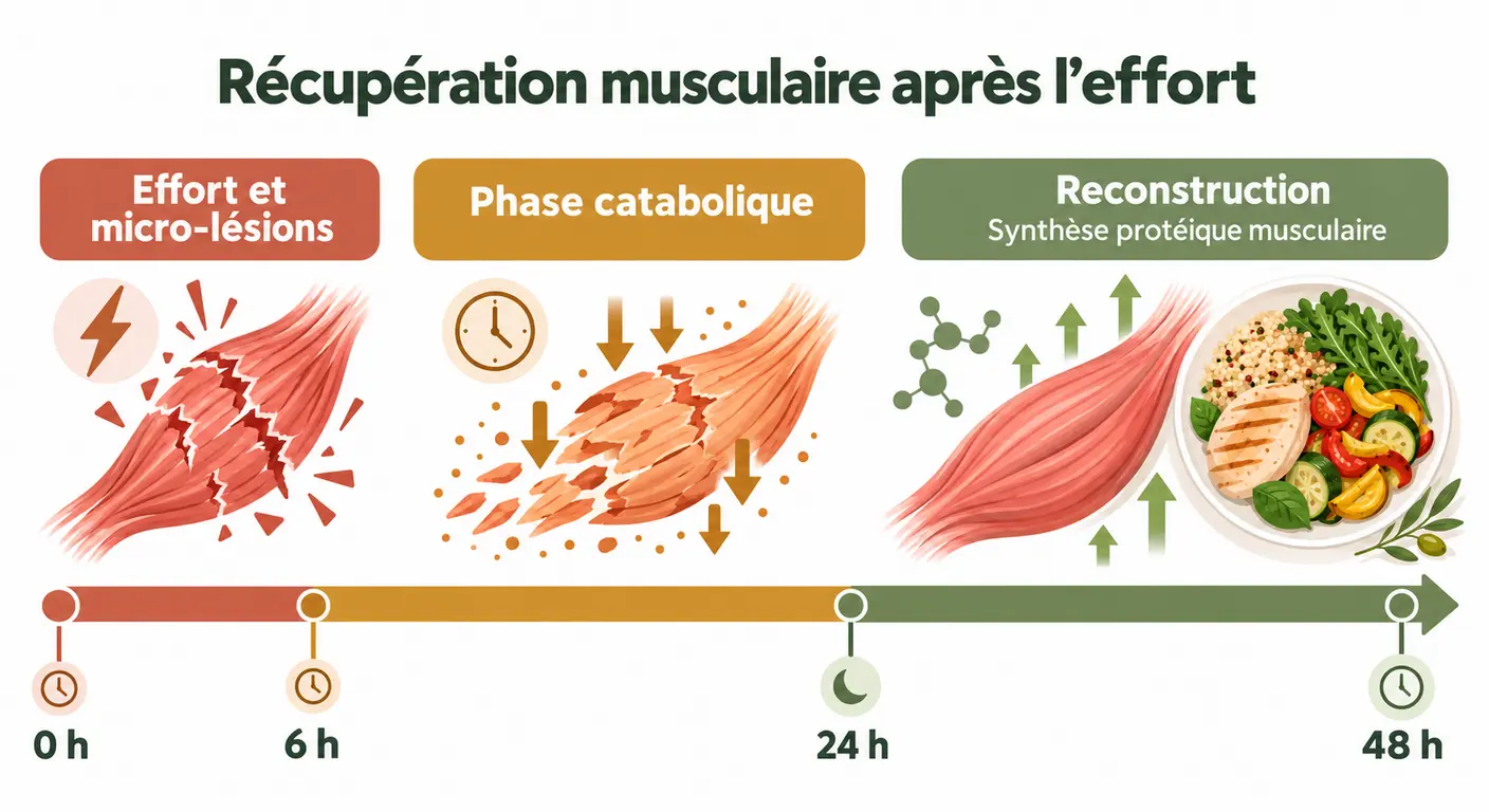Frise chronologique de la récupération musculaire sur 48 heures après une séance de sport