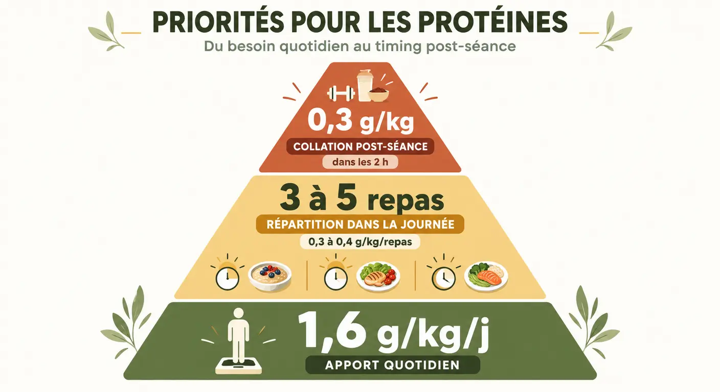 Pyramide de décision de l'apport en protéines : total journalier, répartition, dose post-séance