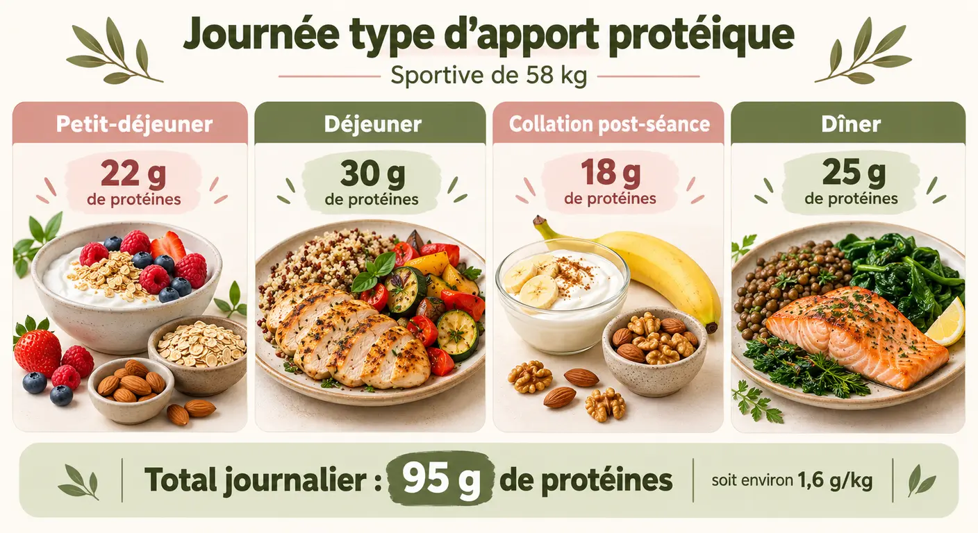 Journée type de répartition des protéines sur quatre prises pour une sportive de cinquante-huit kilos