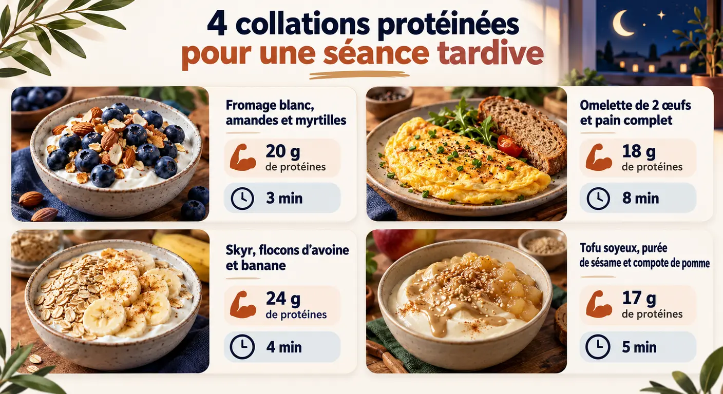 Quatre collations protéinées rapides après une séance de sport tardive avec apport en protéines et temps de préparation