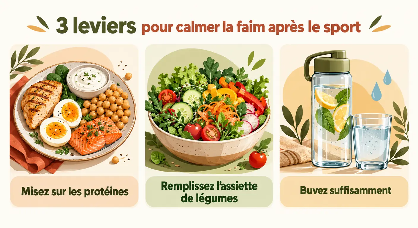 Les trois leviers pour calmer la faim après le sport : densité protéique, volume de légumes, hydratation