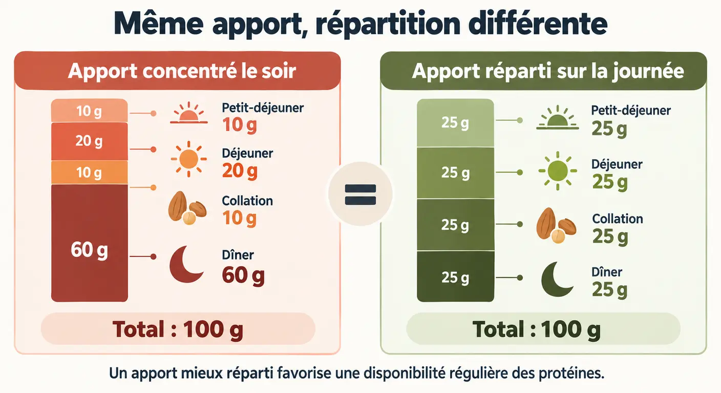 Comparaison de deux journées d'apport protéique à total identique : répartition concentrée sur le dîner contre répartition étalée sur quatre prises