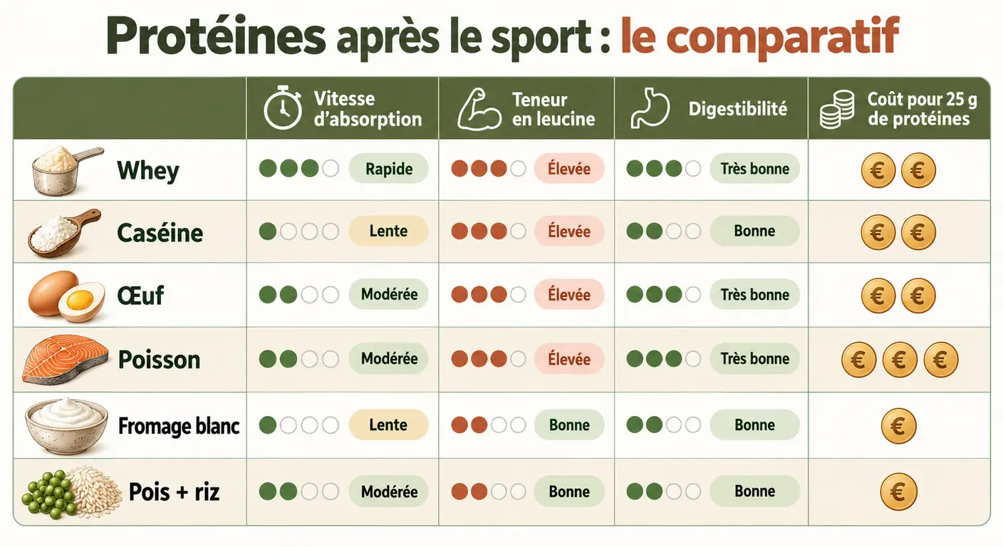 Comparatif des sources de protéines après le sport selon absorption, leucine, digestibilité et coût