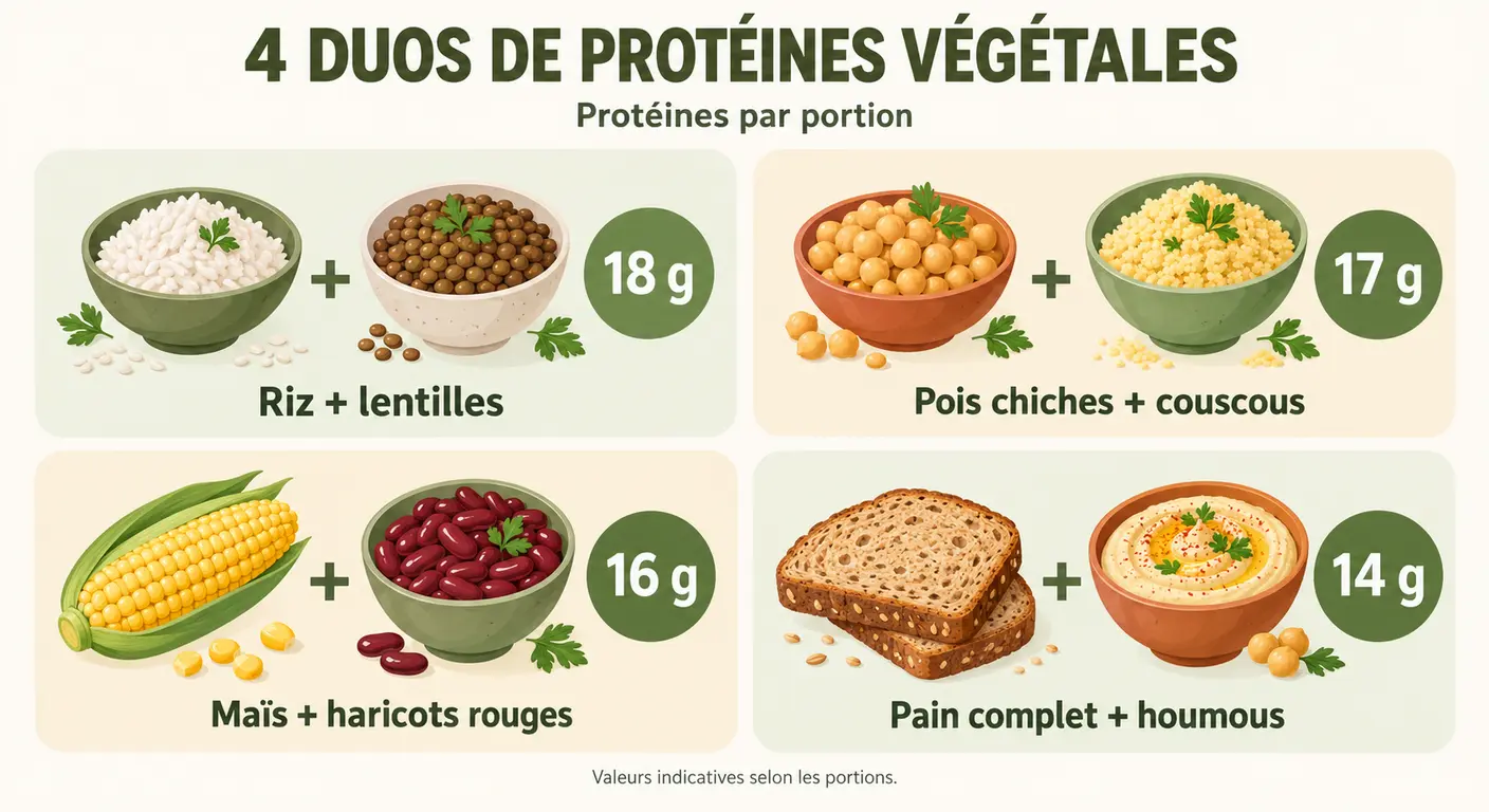 Quatre associations de protéines végétales complémentaires avec leur apport en protéines par portion