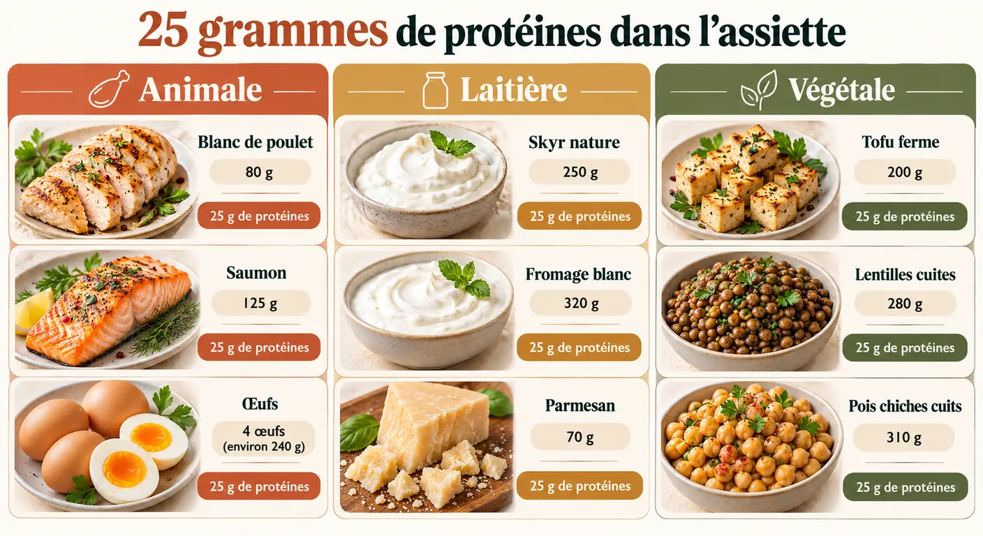 Neuf portions d'aliments courants apportant chacune environ vingt-cinq grammes de protéines