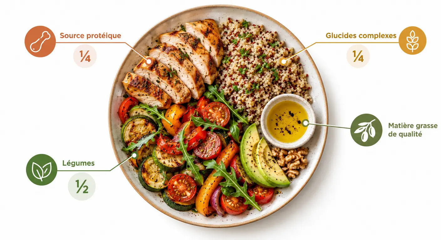 Assiette de récupération après le sport répartie en protéines, glucides complexes, légumes et matières grasses