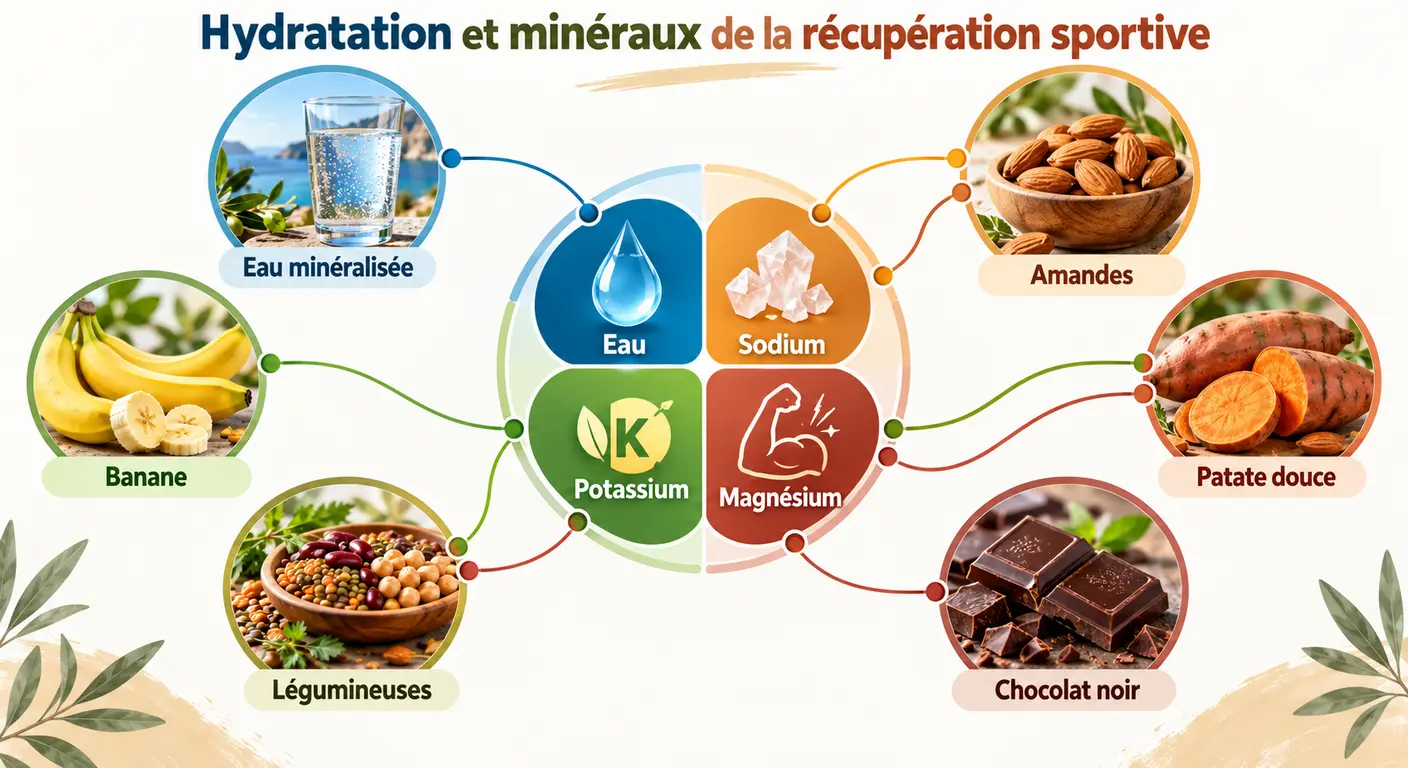 Schéma radial de l'hydratation et des minéraux de la récupération sportive avec leurs sources alimentaires