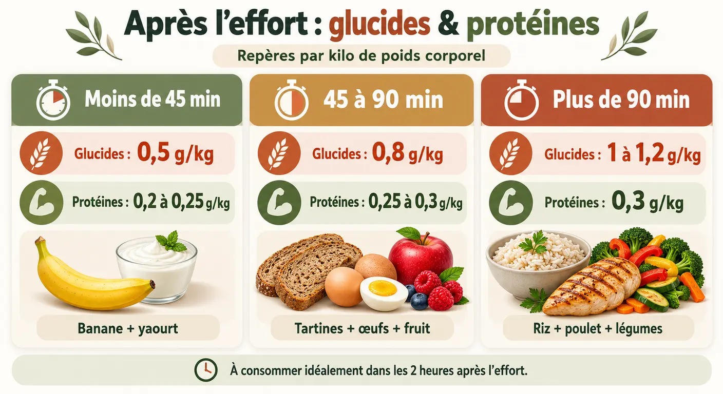 Dosage des glucides et des protéines après l'effort selon la durée de la séance