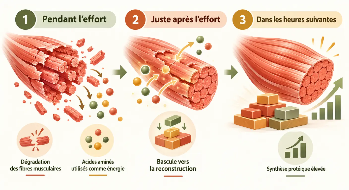 Infographie montrant les trois phases du muscle pendant et après l'effort physique