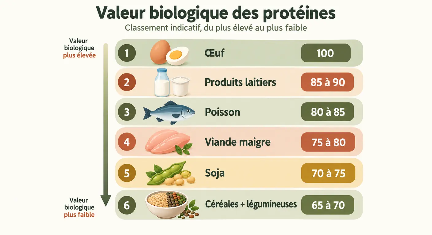 Infographie classant les sources de protéines selon leur valeur biologique